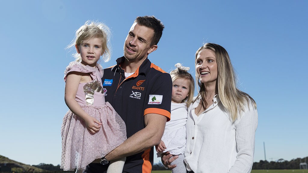 bdPC150819BM0039.jpg Brett Deledio with wife Katie and children Milla (4yo), and Charlotte (1yo) after announcing his retirement - AFL,GWS Giants,Retirements,Brett Deledio,Delistings
